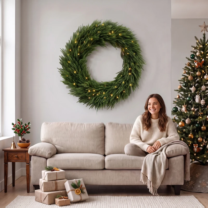 HOMCOM Christmas Decoration, 36 in Pre-Lit Norfolk Pine Artificial Christmas Wreath with 100 LED Lights, Green