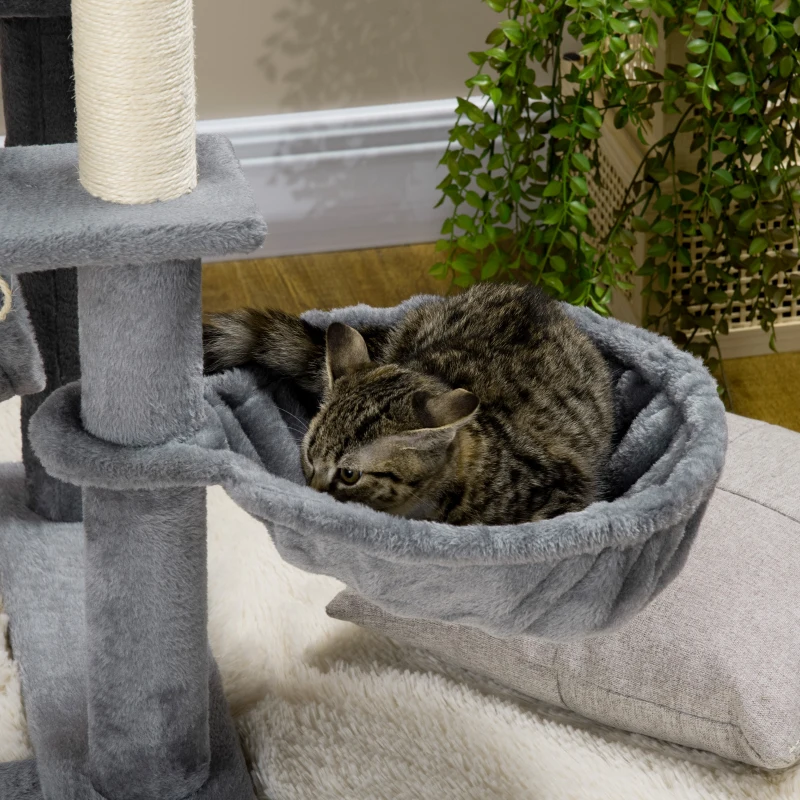 PawHut 55" Cat Tree for Indoor Cats, Cat Tower, Kitty Activity Center with Cat Bed Ramp Condo Hammocks Hanging Ball Toys Sisal Rope Scratching Post, Grey