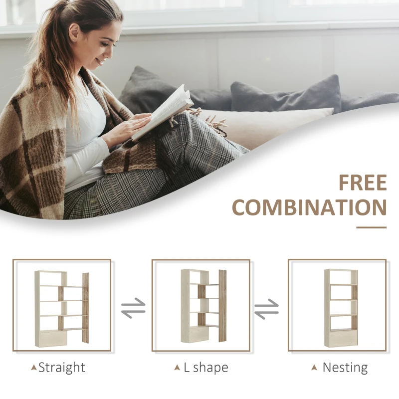 HOMCOM 4-Tier Corner Bookcase, Rotating Storage Display Shelf, Multifunction Tall Bookshelf, Space Saving Room Divider for Home Office, White Oak