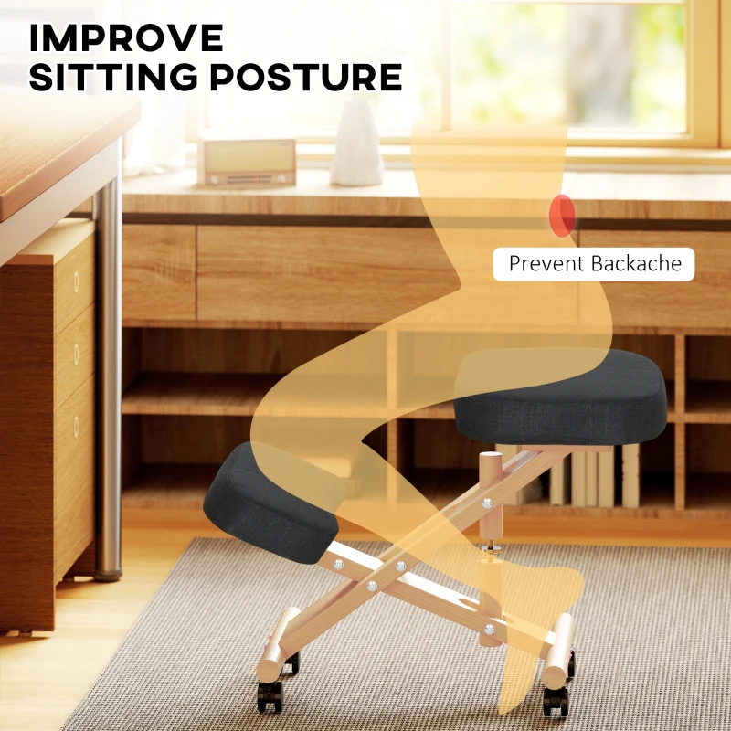 HOMCOM Ergonomic Kneeling Chair, Posture Chair with Rubberwood Frame, Rolling Wheels for Office, Posture Correction, Black
