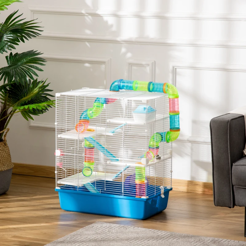 PawHut 23" 5-Tier Hamster Cage with Wheel and Water Bottle, Blue
