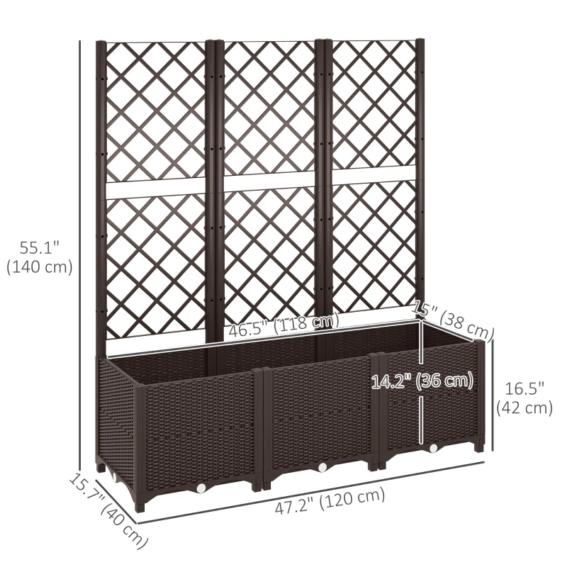 Outsunny Raised Garden Bed with Trellis, Plastic Raised Flower Bed with Drainage Holes and Drain Plugs