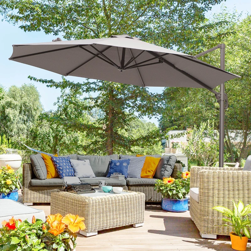 Outsunny 10ft Cantilever Patio Umbrella with 360° Rotation, Crank & Cross Base for Garden Deck Pool Backyard, Grey