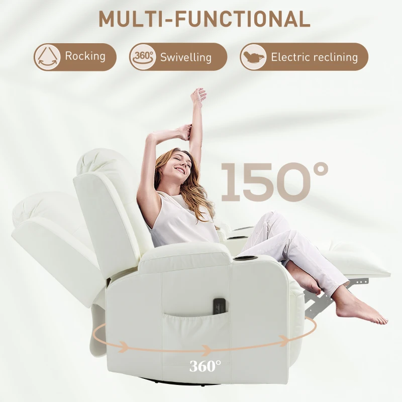 HOMCOM Swivel Massage Recliner Chair Rocker, Overstuffed Manual Reclining Sofa, PU Leather Rocking Chair with Side Pockets, Cup Holders, for Living Room, Nursery, Cream White