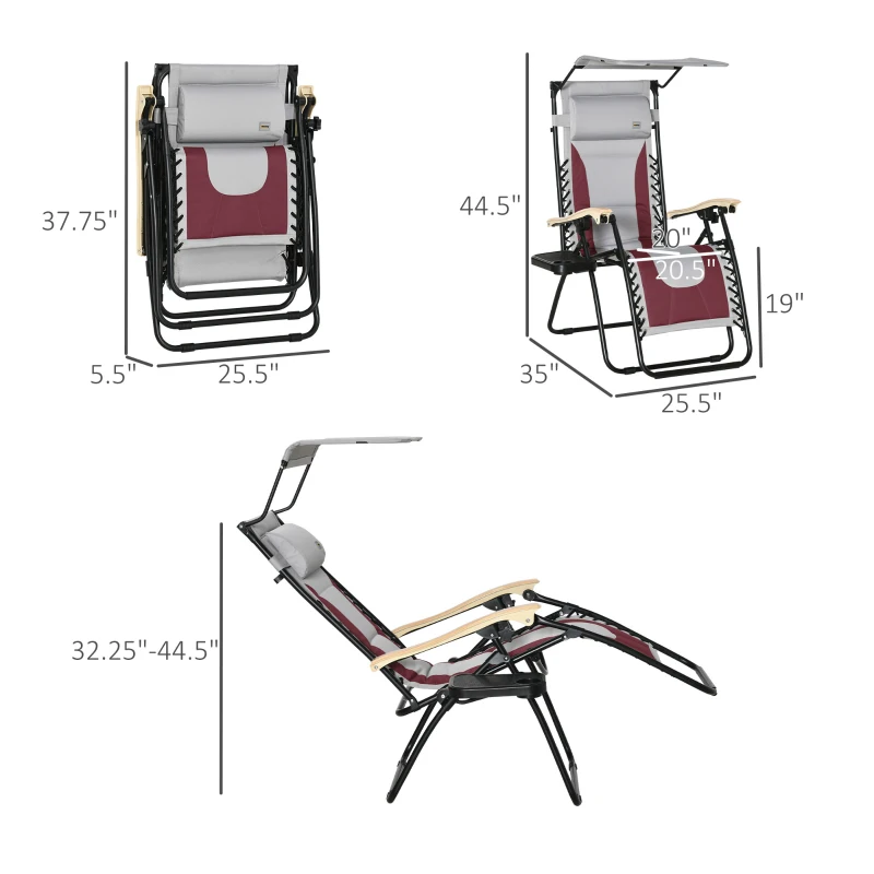 Outsunny Padded Zero Gravity Lounge Chair, Anti-Gravity Recliner Lounger Lawn Chair w/ Headrest, Side Tray, Outdoor Oxford Fabric, Supports 264 LBS, Red