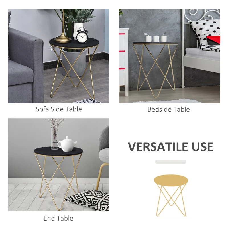 HOMCOM 17" Round Sofa Side Table, Wood Top End Table, Accent Coffee Table with Metal Leg for Living Room, Bedroom, Black and Gold