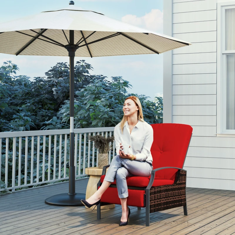Outsunny Outdoor Rattan Recliner Chair, Wicker Reclining Chair with Adjustable Back Retractable Footrest Cushion Wine Red