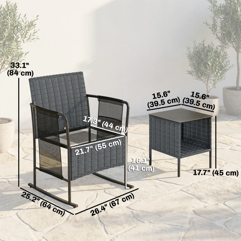 Outsunny 3 Pieces Rocking Bistro Set Outdoor Patio Furniture Set with Side Pockets, Mesh Seat, Cushions, 2-Tier Table, Grey