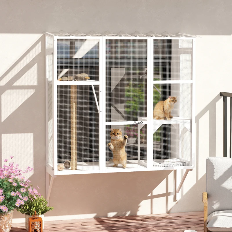 PawHut Wooden Catio Outdoor, Cat Window Box Enclosure for 2-3 Large Cats with 2 Jumping Platforms & Scratching Post, White