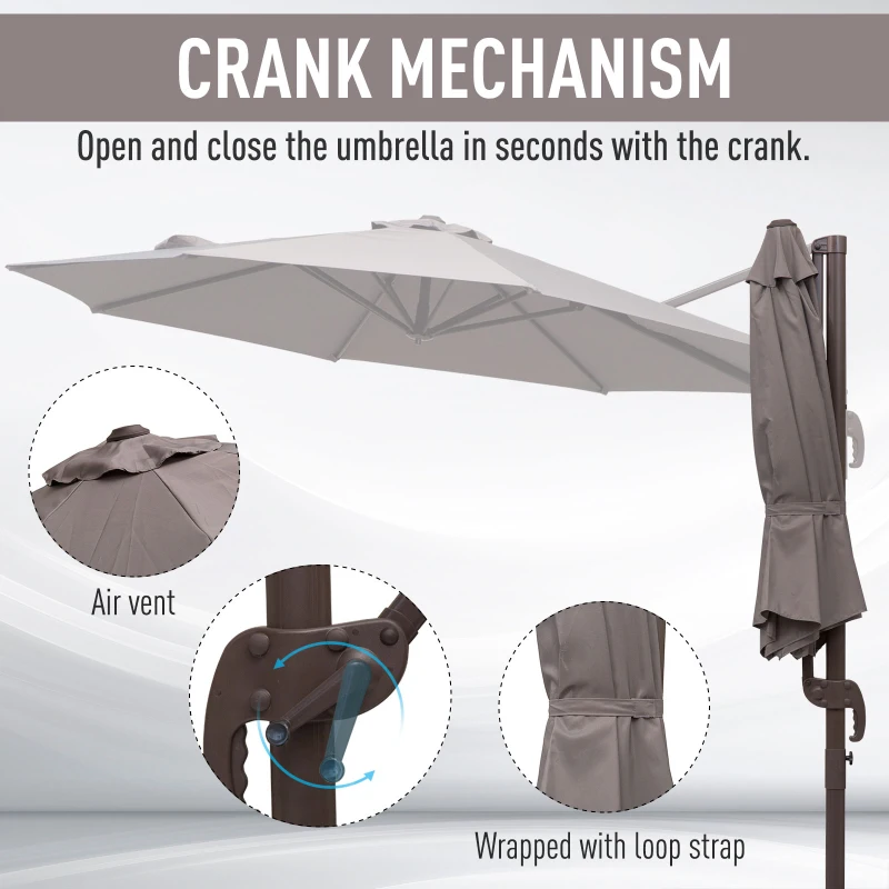 Outsunny 10ft Cantilever Patio Umbrella with 360° Rotation, Crank & Cross Base for Garden Deck Pool Backyard, Grey