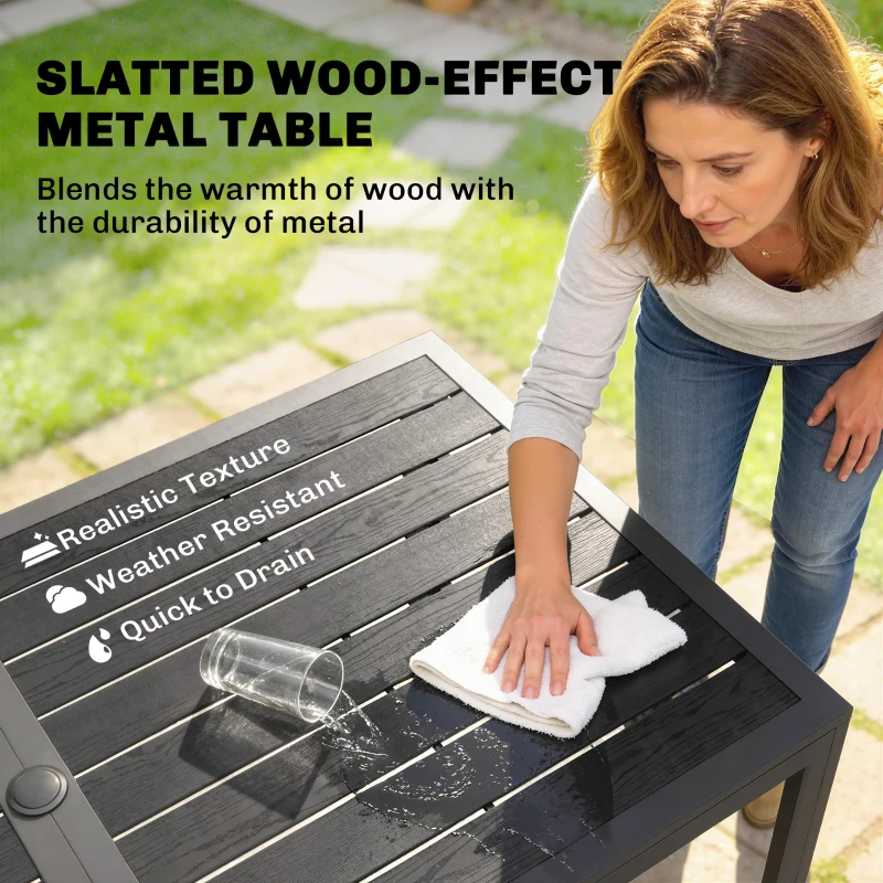 Outsunny Outdoor Dining Set for 6, Faux Wood Metal Patio Table and Mesh Stackable Chairs with Umbrella Hole, Black