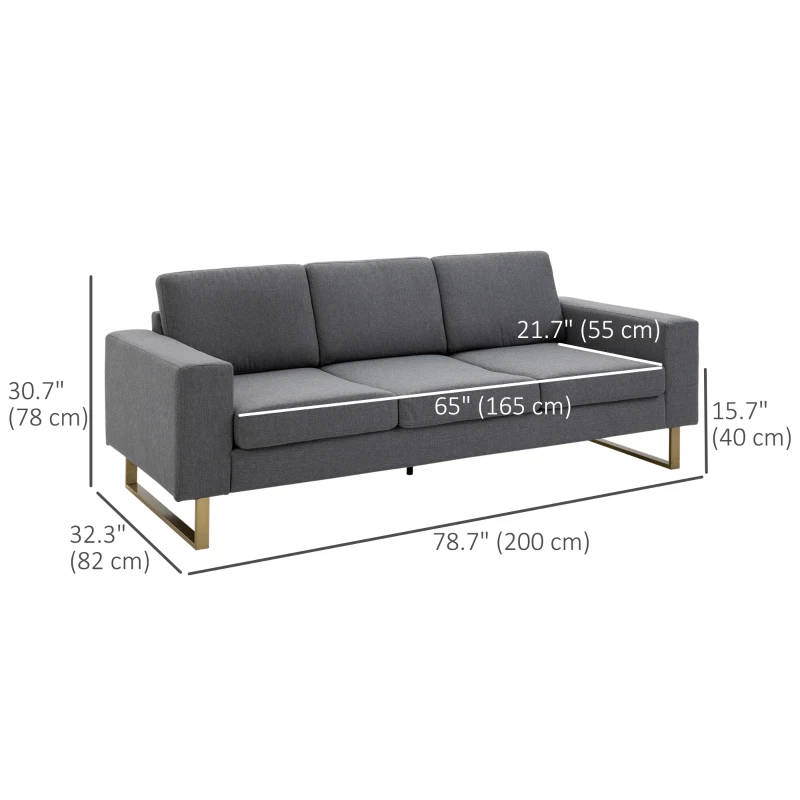 HOMCOM 3 Seater Sofa, Linen Upholstered Cozy Padded Couch with Steel Leg, Backrest and Wide Armrest, for Living room, Bedroom, Dark Grey