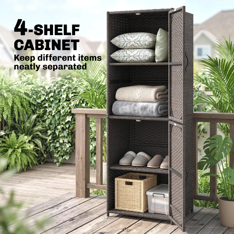 Outsunny Wicker Outdoor Storage Cabinet, 4 Shelf Patio Storage Cabinet with Adjustable Shelves and Magnetic Doors, Brown