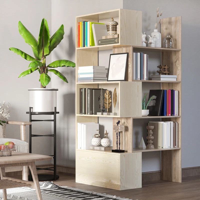 HOMCOM 4-Tier Corner Bookcase, Rotating Storage Display Shelf, Multifunction Tall Bookshelf, Space Saving Room Divider for Home Office, White Oak