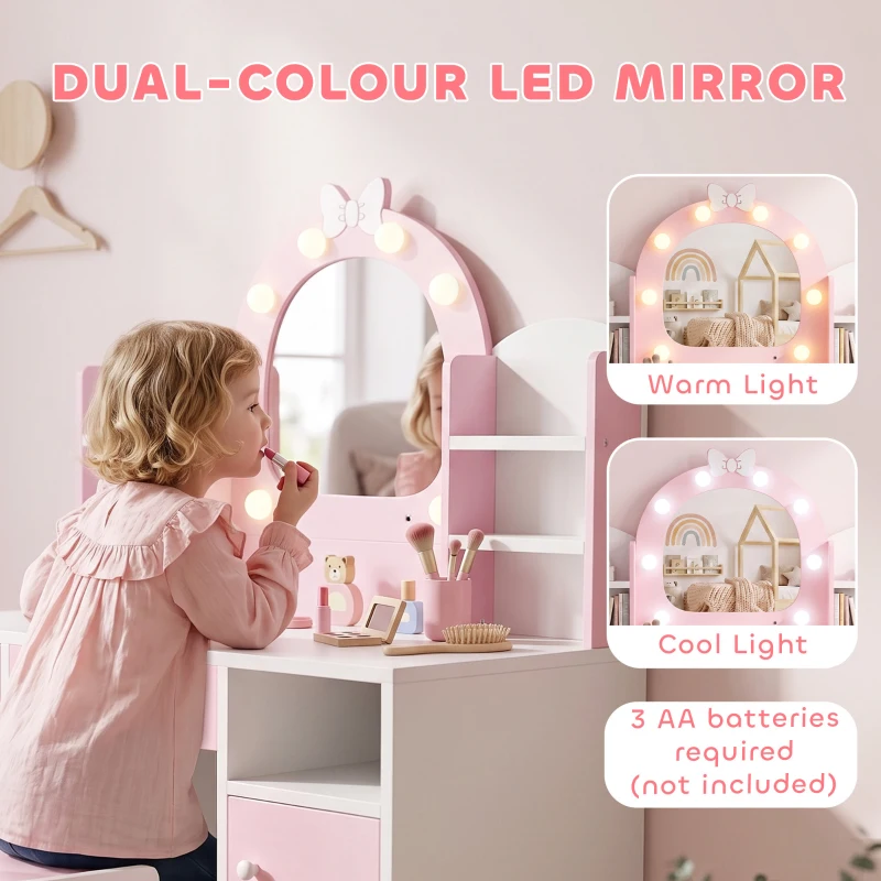 Qaba Kids Vanity Set, Toddler Dressing Table and Chair Set  with Lighted Bow Mirror, Cabinet, Drawer and Shelves, Pink