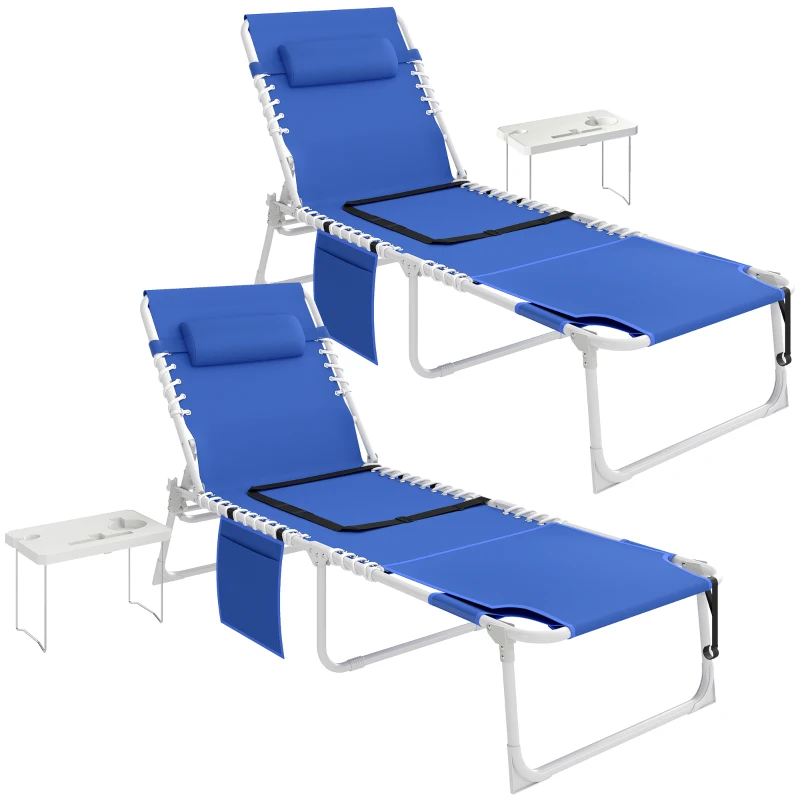 Outsunny Tanning Chair Set of 2 with Face Hole and Side Table, 5-Position Folding Outdoor Chaise Lounge Chair, Navy Blue