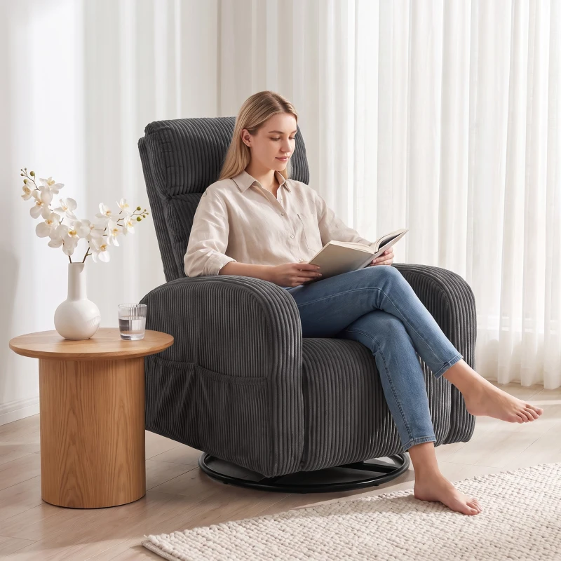 HOMCOM 360° Swivel Accent Chair, Modern Armchair with Thick Backrest & Cushion, Corduroy Upholstered, Dark Grey
