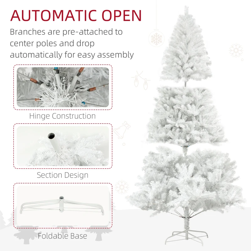 HOMCOM 7.5ft Unlit Artificial White Christmas Tree, Holiday Decor with 1346 Branch Tips, Auto Open and Steel Base