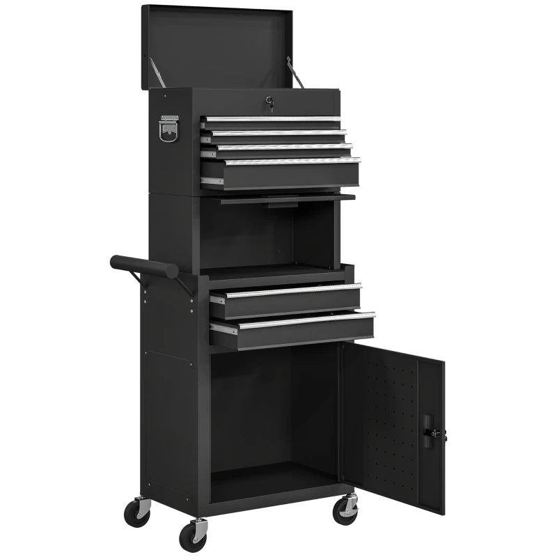 HOMCOM Large Tool Cabinet, 3-in-1 Rolling Tool Chest, Detachable Tool Storage Organizer with 6 Drawers and Pegboard, Black