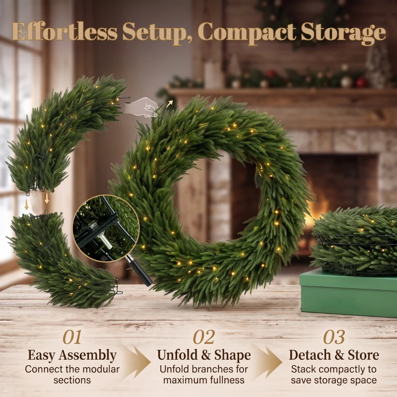 HOMCOM Christmas Decoration, 36 in Pre-Lit Norfolk Pine Artificial Christmas Wreath with 100 LED Lights, Green
