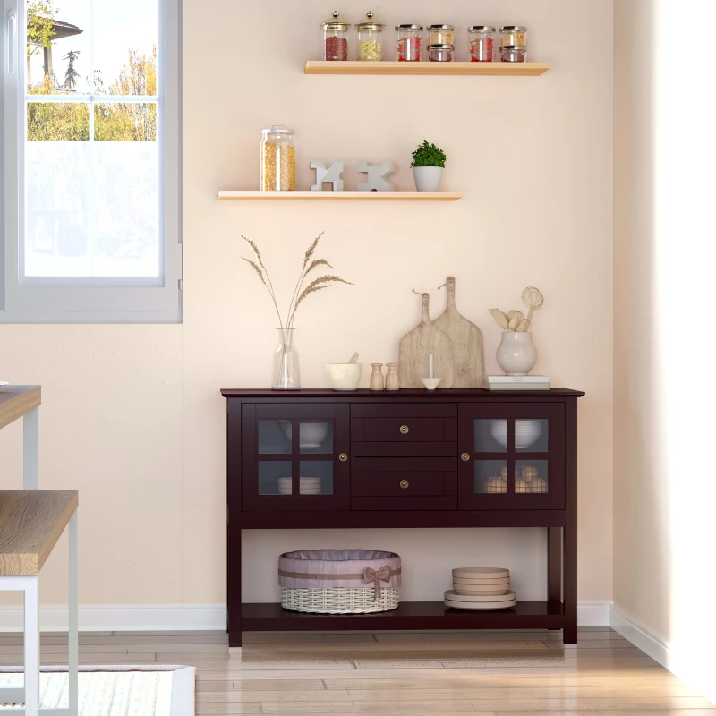 HOMCOM Coffee Bar Cabinet, Kitchen Cabinet with Adjustable Shelves, Glass Doors and 2 Drawers, Sideboard Buffet Cabinet for Living Room, Espresso