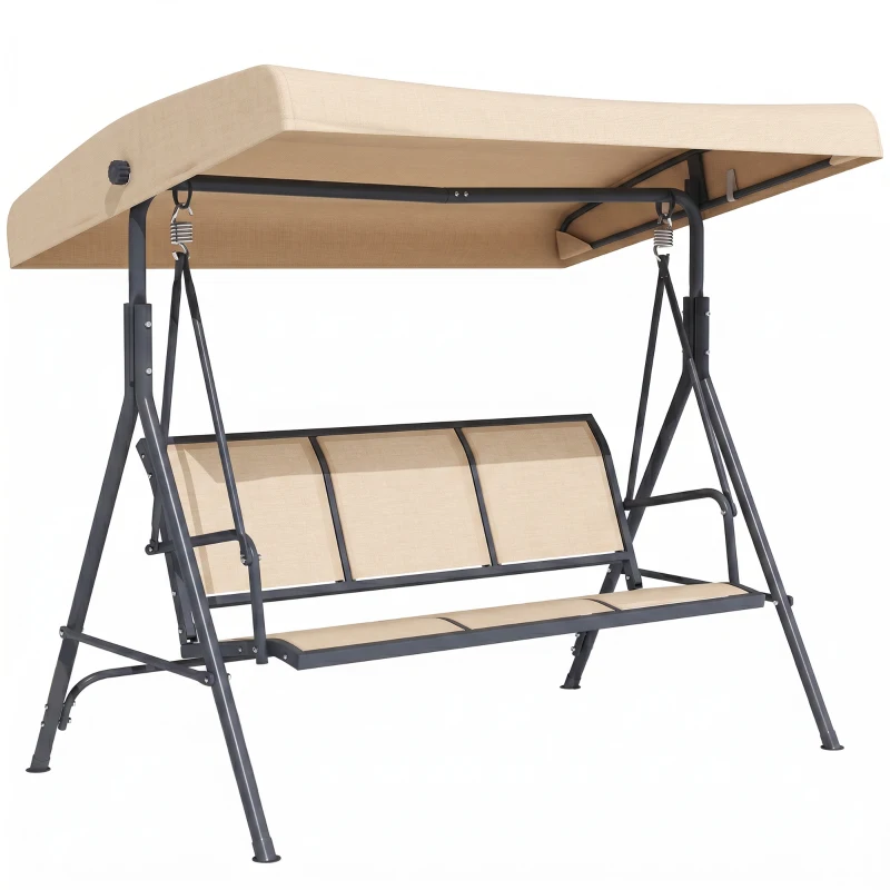 Outsunny 3-Seater Swing Chair Covered Garden Hammock A-Frame Outdoor Porch Glider Sling Seat with Adjustable Canopy Cover, Beige