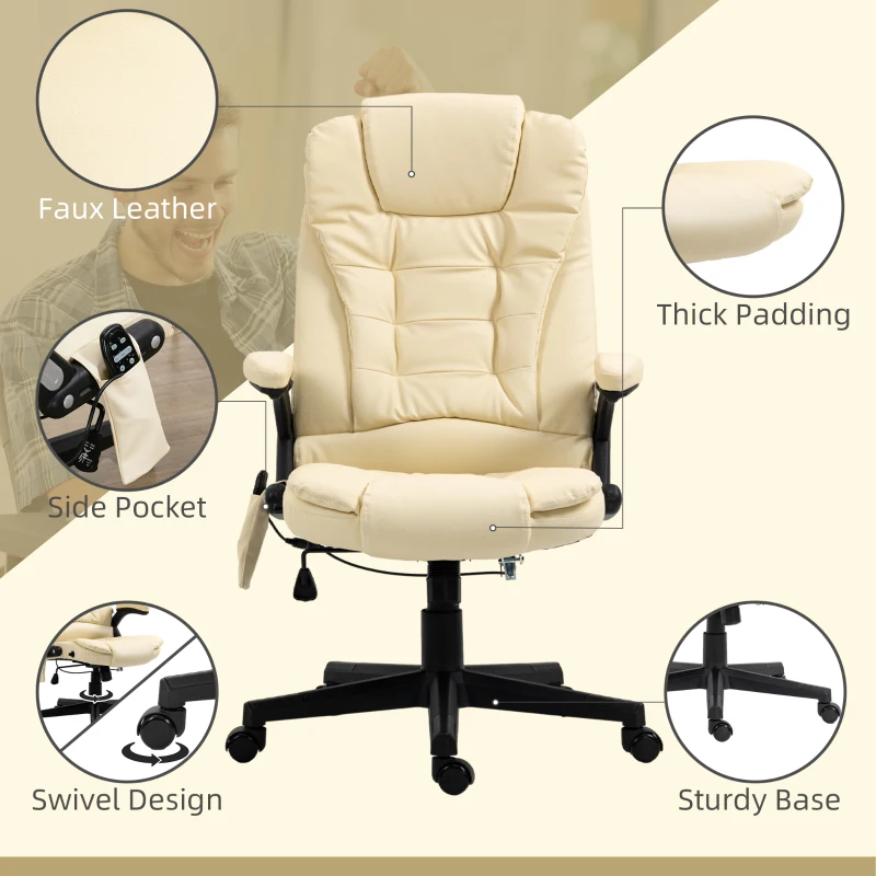 HOMCOM Massage Office Chair, Heated Reclining Computer Chair with 6 Vibration Points, Armrest and Remote, Beige