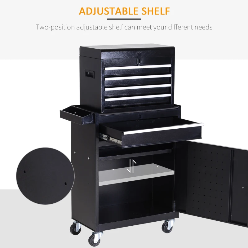DURHAND Rolling Tool Cabinet 2 in 1 Top Chest Storage Box 5 Drawers with Pegboard and Adjustable Shelf, Black
