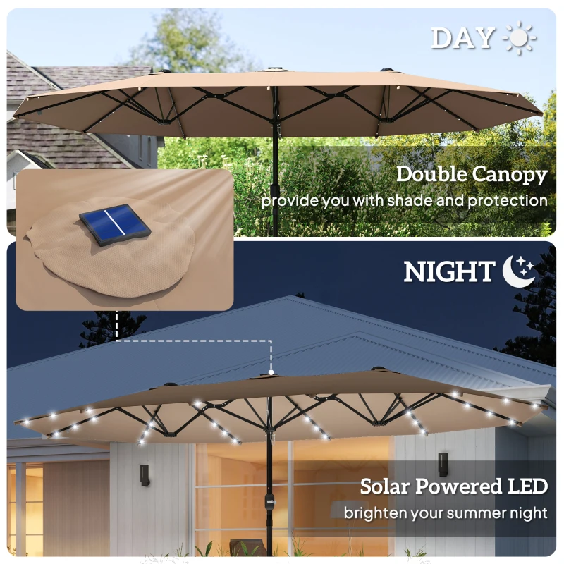 Outsunny 174" Double-Sided Sun Umbrella Garden Parasol Patio Sun Shade Outdoor with LED Solar Light, Khaki
