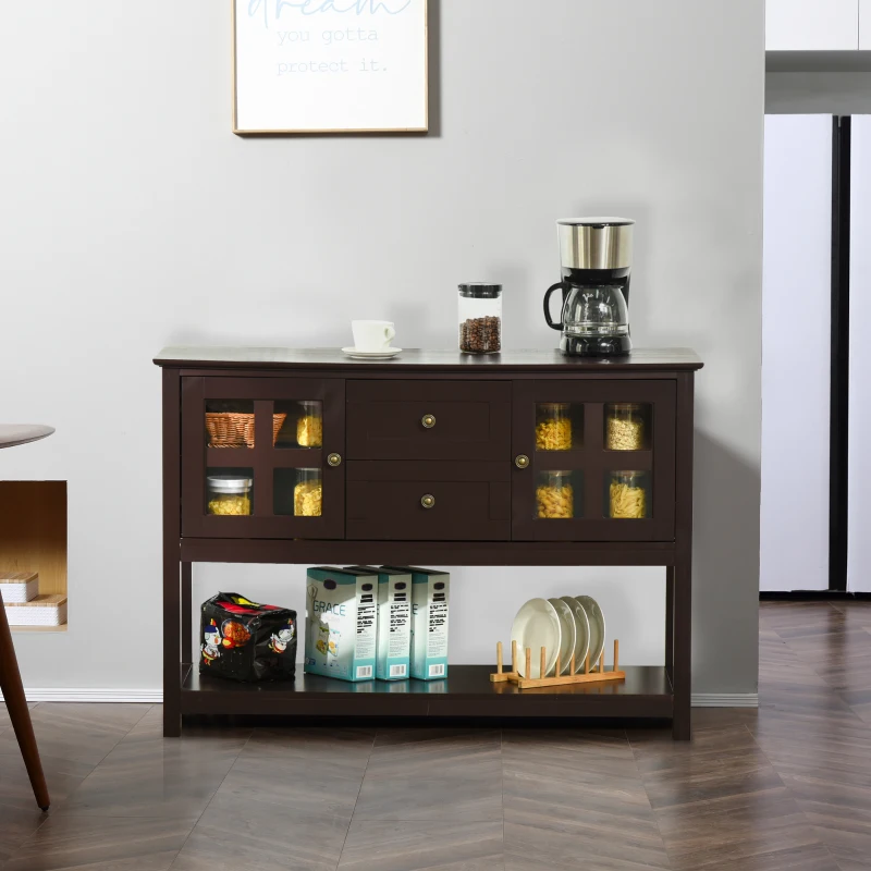 HOMCOM Coffee Bar Cabinet, Kitchen Cabinet with Adjustable Shelves, Glass Doors and 2 Drawers, Sideboard Buffet Cabinet for Living Room, Espresso