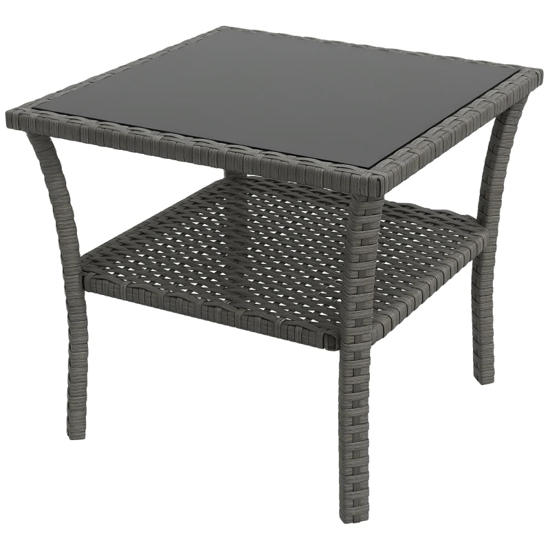 Outsunny 20" Patio Wicker Coffee Table, Outdoor PE Rattan Two-tier Side Table with Glass Top, for Patio, Garden, Balcony, Mixed Grey