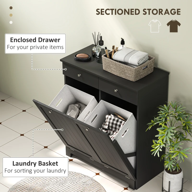 HOMCOM Laundry Cabinet, Tilt Out Laundry Hamper Cabinet with 2 Baskets, Bathroom Hamper Cabinet with 2 Drawers, Black
