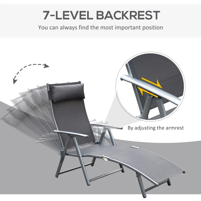 Outsunny Chaise Lounge Foldable Outdoor Chair, Portable, 7-Position Adjustable Reclining Tri-fold Chair for Camping, Sunbathing & Tanning at the Beach, Swimming Pool with Pillow, Grey