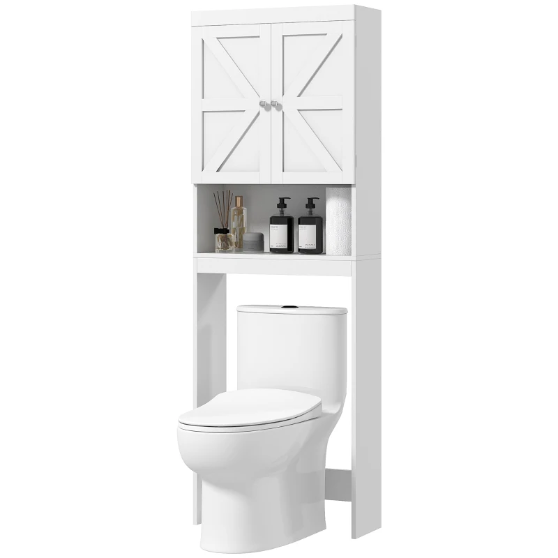 HOMCOM Over The Toilet Storage Shelf, Modern Bathroom Above Toilet Storage with Barn Doors and Open Shelf, White