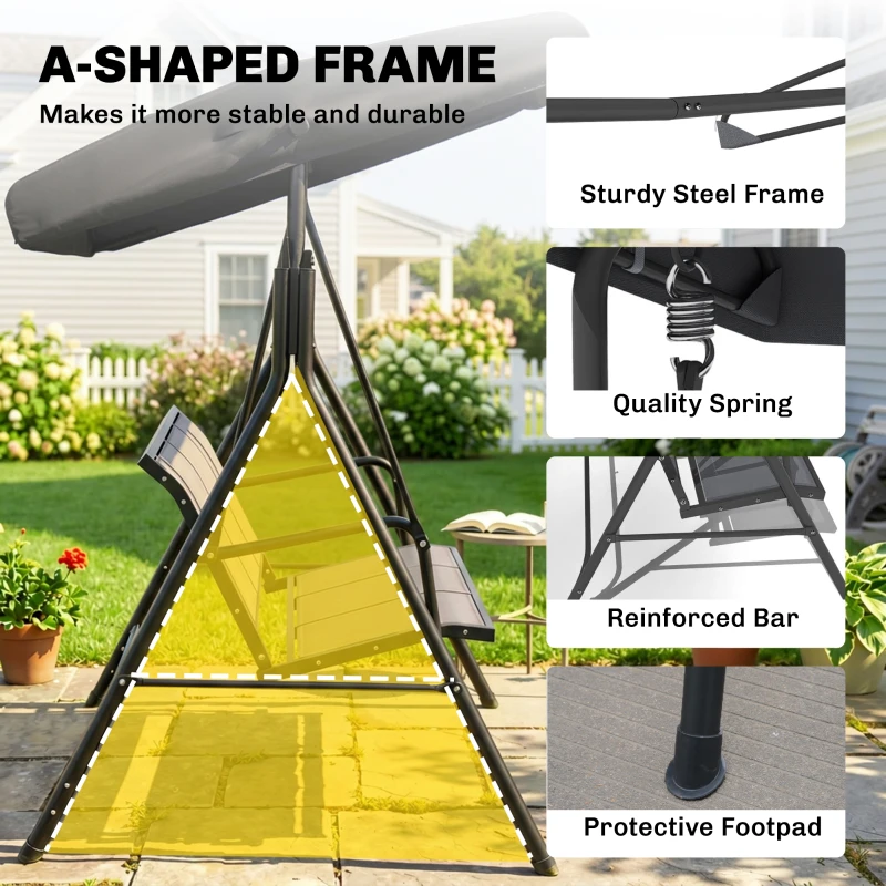 Outsunny 3-Seater Swing Chair Covered Garden Hammock A-Frame Outdoor Porch Glider Sling Seat with Adjustable Canopy Cover, Black
