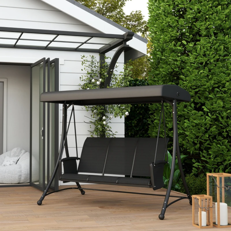 Outsunny 3 Person Outdoor Porch Swing Chair with Adjustable Canopy, Black