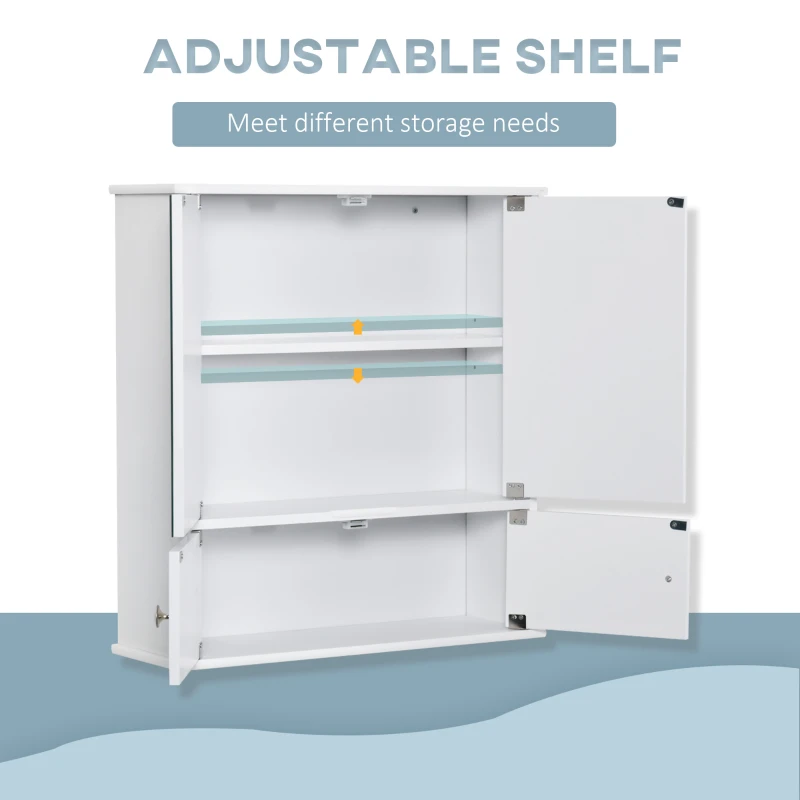 kleankin Medicine Cabinet with Mirror, Bathroom Wall Cabinet with 2 Mirrored Doors, 2 Modern Doors and Adjustable Shelf, White