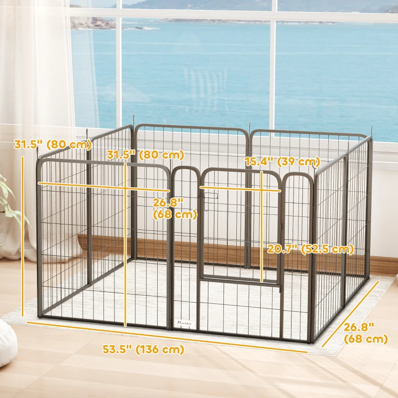 PawHut 31.5" Dog Playpen Indoor Outdoor, Portable Foldable 8 Panels Pet Playpen with Door & Strap for Medium Dogs