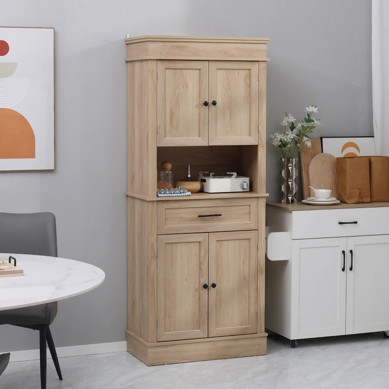 HOMCOM Modern Freestanding Kitchen Pantry Cabinet with Doors Open Shelves Adjustable Shelving Microwave Space, Oak
