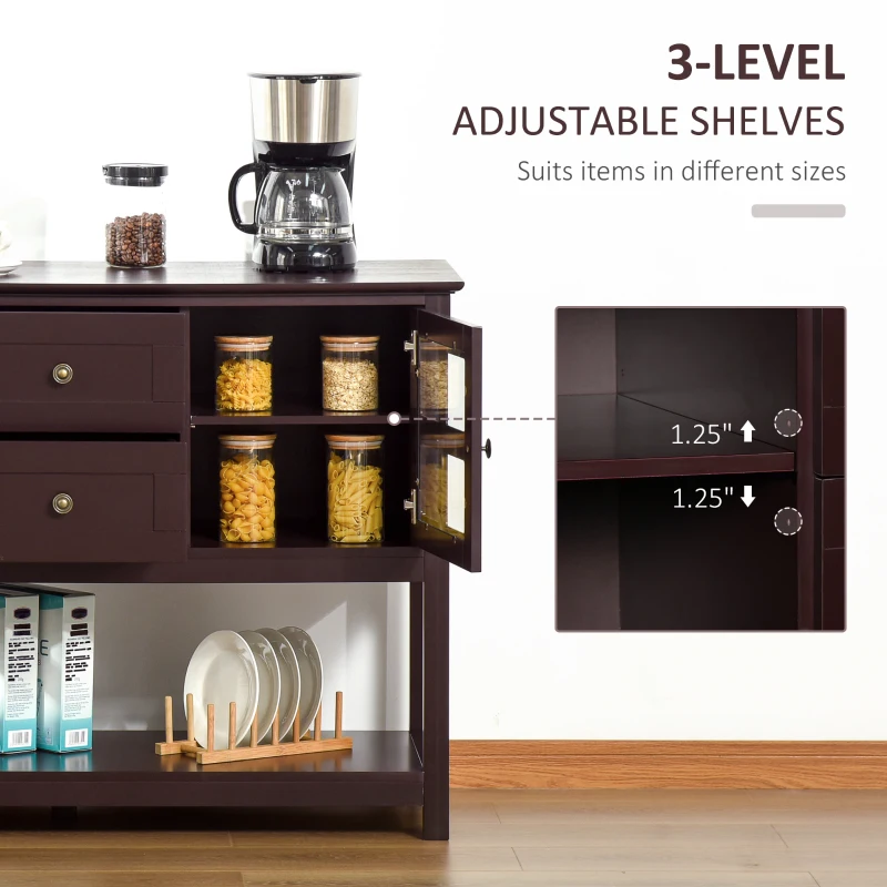 HOMCOM Coffee Bar Cabinet, Kitchen Cabinet with Adjustable Shelves, Glass Doors and 2 Drawers, Sideboard Buffet Cabinet for Living Room, Espresso