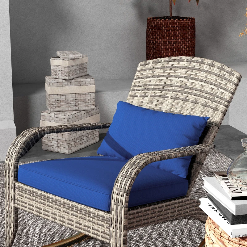 Outsunny Adirondack Chair, Outdoor Wicker Rocking Chair with High Back, Seat Cushion, and Pillow for Porch, Balcony, Dark Blue