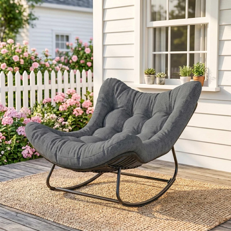 Outsunny Outdoor Rocking Chair, Oversized Patio Egg Chair with Padded Cushion, Rattan Wicker for Indoor, Backyard, Dark Grey
