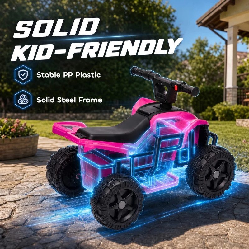 Qaba 6V Kids ATV, 4 Wheels Kids Quad with Button Control, 45Mins Runtime, Max 1.2MPH, Max 55lbs Load for 18-48 M, Rose Red