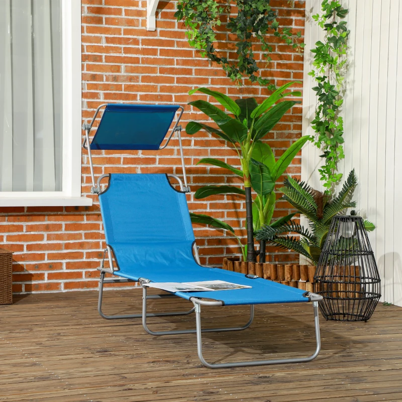 Outsunny Outdoor Pool Chaise Lounge Chair, Folding Tanning Chair with Sun Shade, Blue