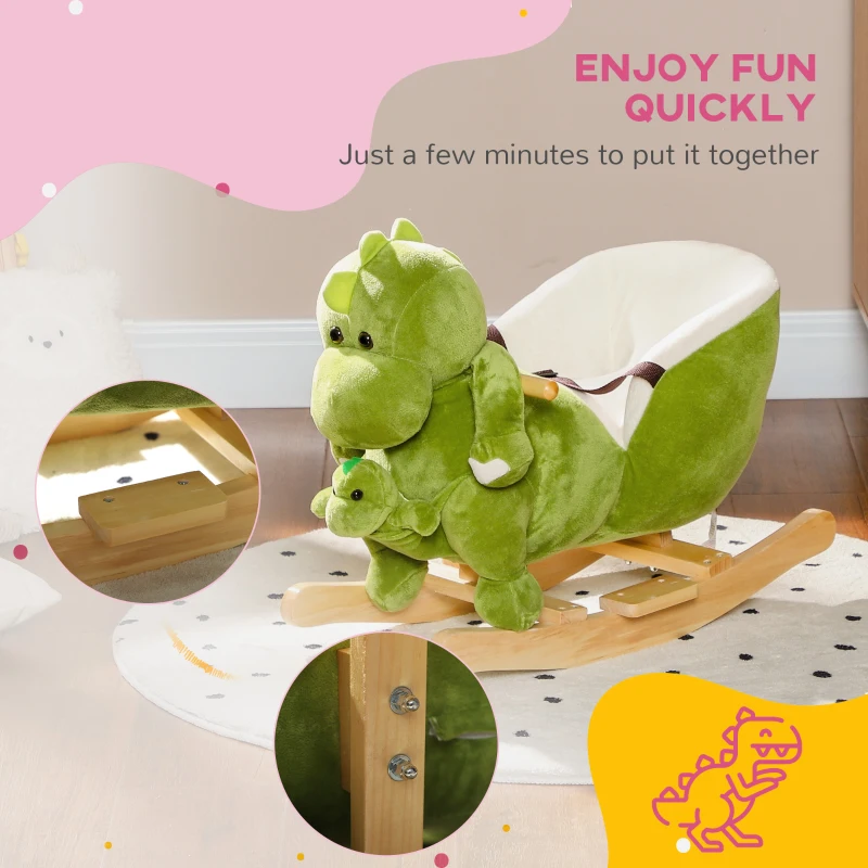 Qaba Rocking Horse, Ride on Dinosaur w/ Seat Belt, 32 Songs & Hand Puppet for 18-36 Months, Green
