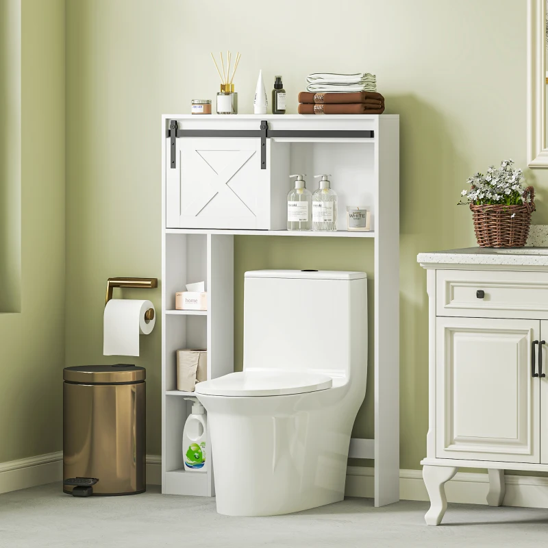 HOMCOM Over-Over The Toilet Storage Shelf with Sliding Barn Door, Bathroom Cabinet with Compartments & Adjustable Shelf, White