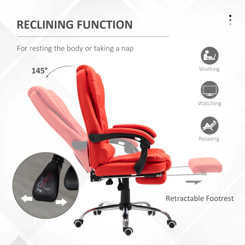 HOMCOM Executive Office Chair, High Back Reclining Computer Chair with Footrest and Armrest, Red