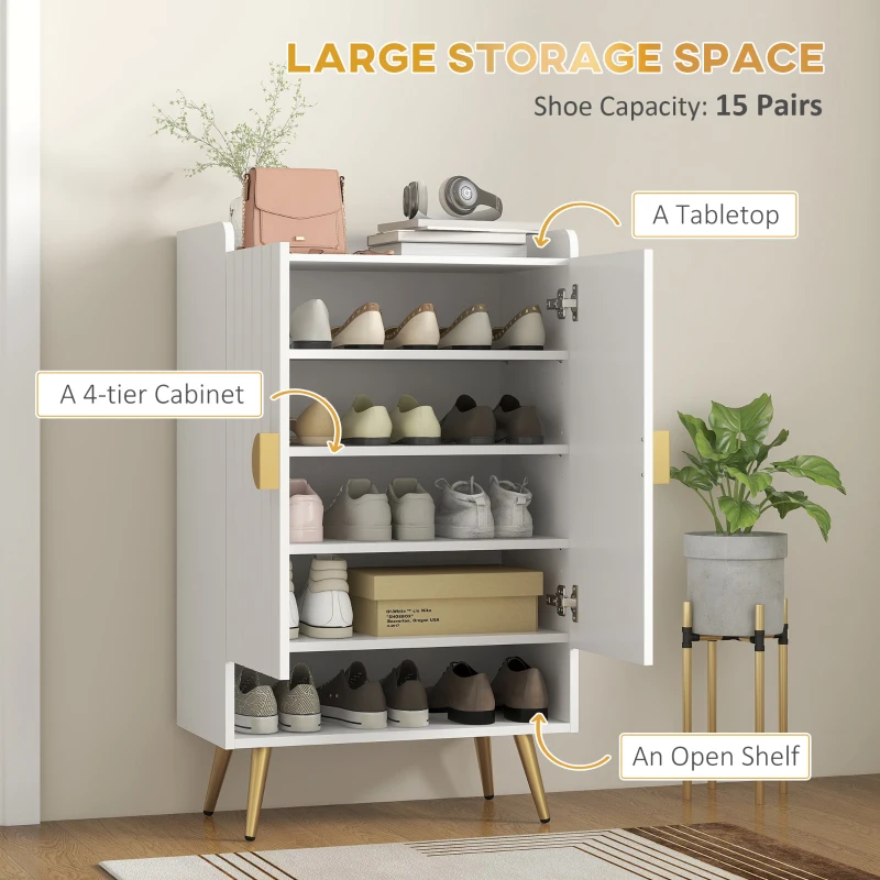 HOMCOM Entryway Shoe Storage Cabinet, Narrow Shoe Cabinet with Adjustable Shelves and Open Shelf for 15 Pairs of Shoes, White