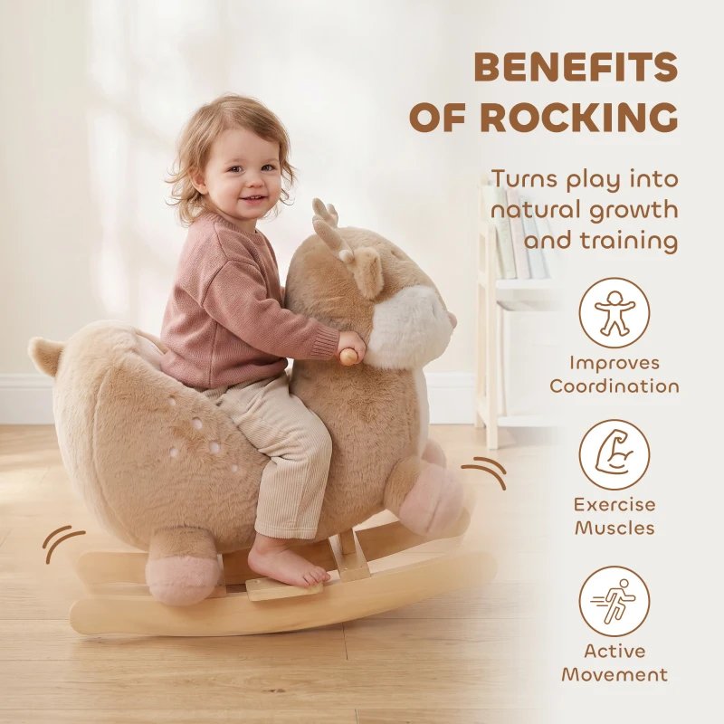 Qaba Rocking Horse for Toddlers 1-3 Years, Deer Baby Rocking Horse with Animal Sound, Seat Belt, Rocking Stopper, Brown