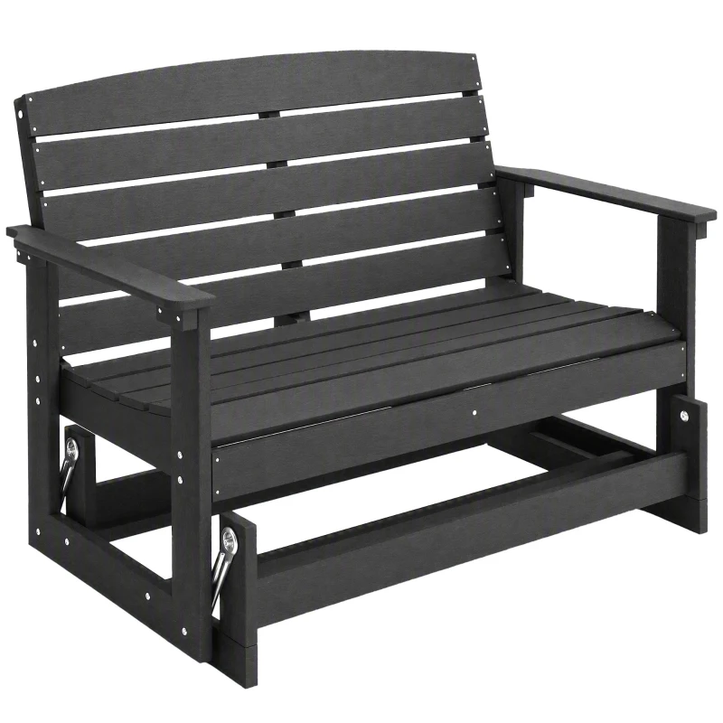 Outsunny Patio Glider Bench w/ HDPE Slatted Double Rocking Chair, Black